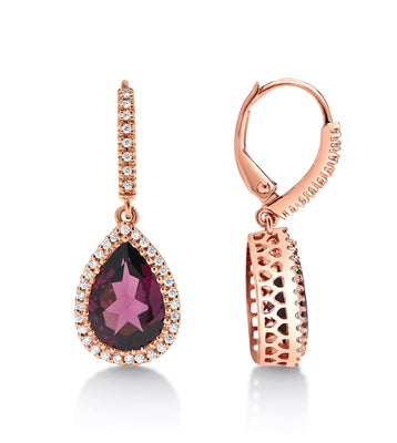 Garnet & Diamond Halo Style Dangly Earrings