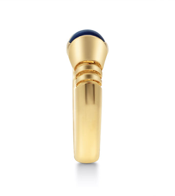 Custom Egyptian Scarab Style 18k Yellow Gold Ring With Cabochon Cut Blue Sapphire