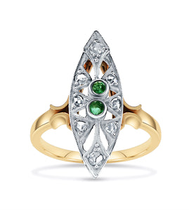 Antique Navette Diamond & Emerald Ring