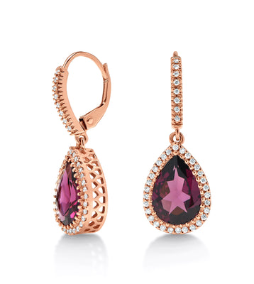 Garnet & Diamond Halo Style Dangly Earrings