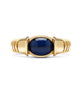 Custom Egyptian Scarab Style 18k Yellow Gold Ring With Cabochon Cut Blue Sapphire