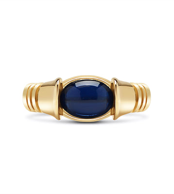 Custom Egyptian Scarab Style 18k Yellow Gold Ring With Cabochon Cut Blue Sapphire