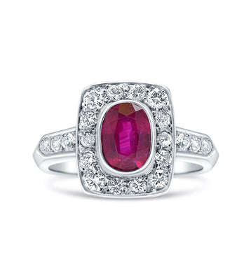 1.70  Ruby & Diamond Halo Platinum Ring - 1940's